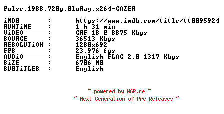 NFO for the release Pulse.1988.720p.BluRay.x264-GAZER by GAZER