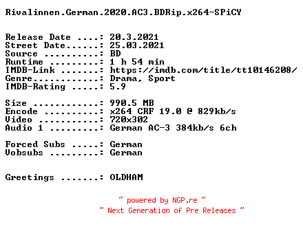 NFO for the release Rivalinnen.German.2020.AC3.BDRip.x264-SPiCY by SPiCY