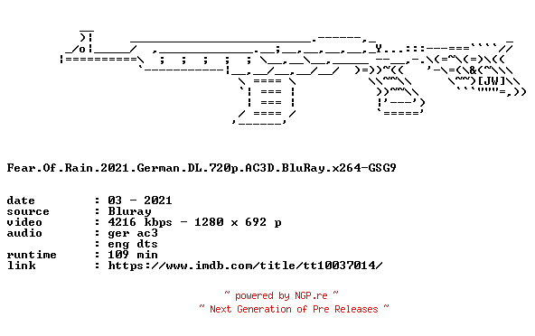 NFO for the release Fear.Of.Rain.2021.German.DL.720p.AC3D.BluRay.x264-GSG9 by GSG9
