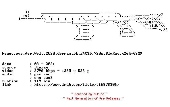 NFO for the release Neues.aus.der.Welt.2020.German.DL.EAC3D.720p.BluRay.x264-GSG9 by GSG9