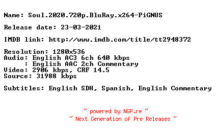 NFO for the release Soul.2020.720p.BluRay.x264-PiGNUS by PiGNUS