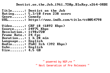 NFO for the release Dentist.on.the.Job.1961.720p.BluRay.x264-ORBS by ORBS