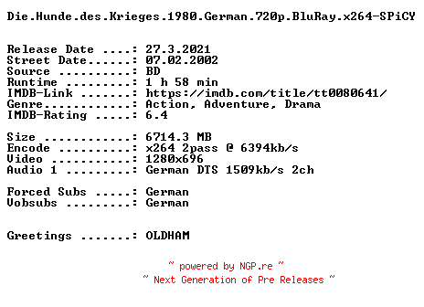 NFO for the release Die.Hunde.des.Krieges.1980.German.720p.BluRay.x264-SPiCY by SPiCY