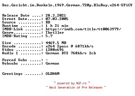 NFO for the release Das.Gesicht.im.Dunkeln.1969.German.720p.BluRay.x264-SPiCY by SPiCY