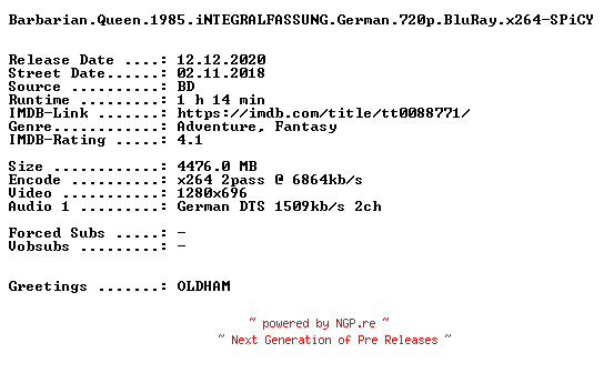 NFO for the release Barbarian.Queen.1985.iNTEGRALFASSUNG.German.720p.BluRay.x264-SPiCY by SPiCY