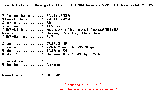 NFO for the release Death.Watch.-.Der.gekaufte.Tod.1980.German.720p.BluRay.x264-SPiCY by SPiCY