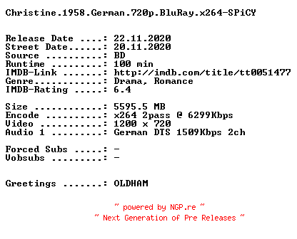 NFO for the release Christine.1958.German.720p.BluRay.x264-SPiCY by SPiCY