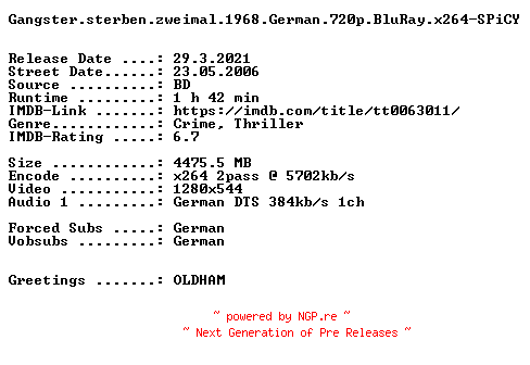 NFO for the release Gangster.sterben.zweimal.1968.German.720p.BluRay.x264-SPiCY by SPiCY
