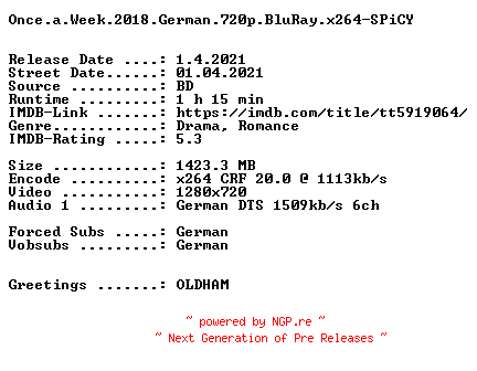 NFO for the release Once.a.Week.2018.German.720p.BluRay.x264-SPiCY by SPiCY