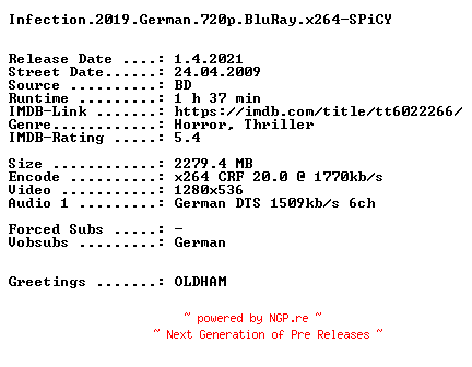 NFO for the release Infection.2019.German.720p.BluRay.x264-SPiCY by SPiCY