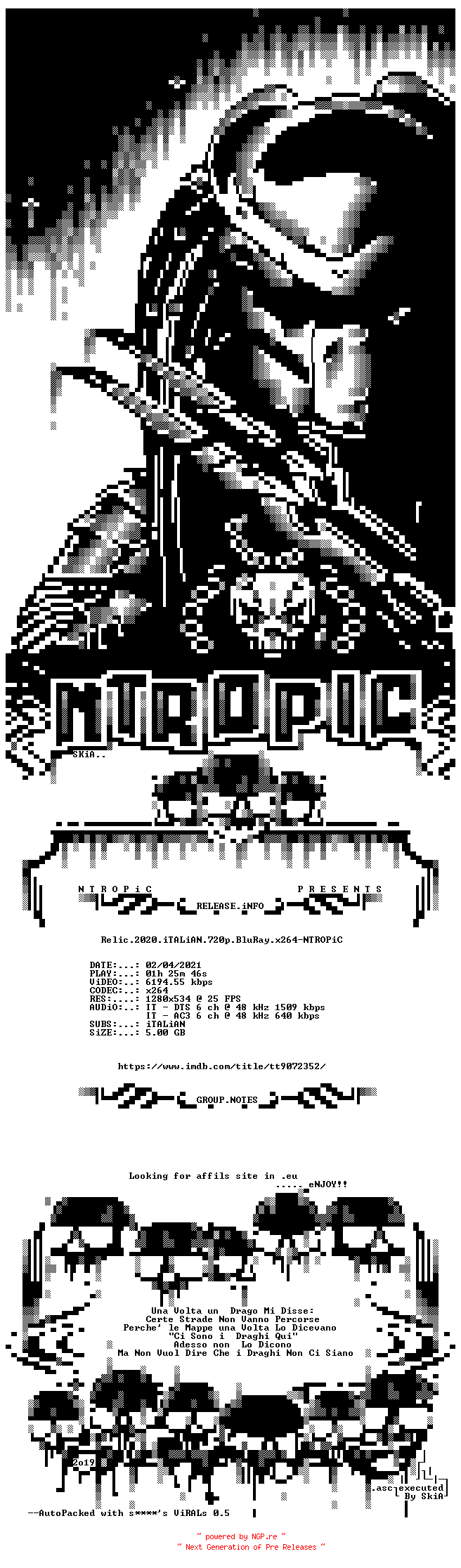 NFO for the release Relic.2020.iTALiAN.720p.BluRay.x264-NTROPiC by NTROPiC