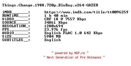 NFO for the release Things.Change.1988.720p.BluRay.x264-GAZER by GAZER