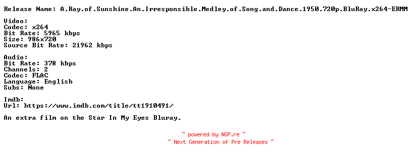 NFO for the release A.Ray.of.Sunshine.An.Irresponsible.Medley.of.Song.and.Dance.1950.720p.BluRay.x264-ERMM by ERMM