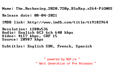 NFO for the release The.Reckoning.2020.720p.BluRay.x264-PiGNUS by PiGNUS