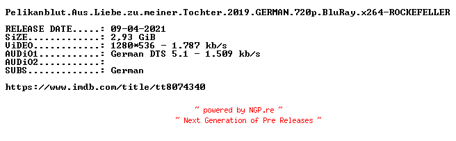NFO for the release Pelikanblut.Aus.Liebe.zu.meiner.Tochter.2019.GERMAN.720p.BluRay.x264-ROCKEFELLER by ROCKEFELLER