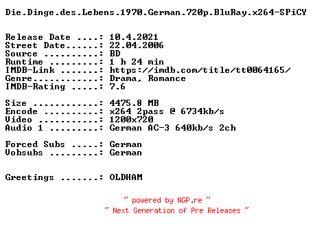 NFO for the release Die.Dinge.des.Lebens.1970.German.720p.BluRay.x264-SPiCY by SPiCY