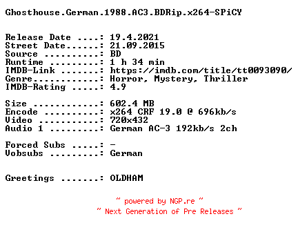 NFO for the release Ghosthouse.German.1988.AC3.BDRip.x264-SPiCY by SPiCY