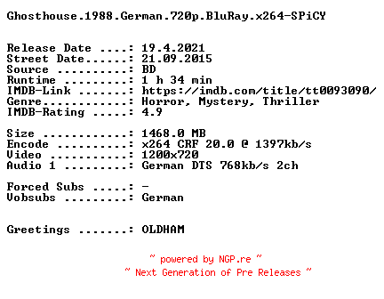 NFO for the release Ghosthouse.1988.German.720p.BluRay.x264-SPiCY by SPiCY