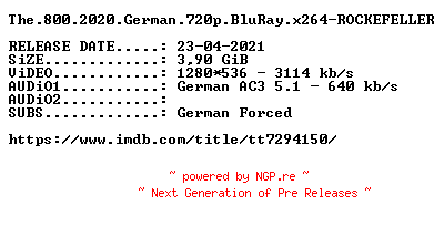 NFO for the release The.800.2020.German.720p.BluRay.x264-ROCKEFELLER by ROCKEFELLER