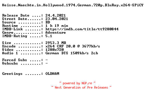 NFO for the release Heisse.Naechte.in.Hollywood.1974.German.720p.BluRay.x264-SPiCY by SPiCY