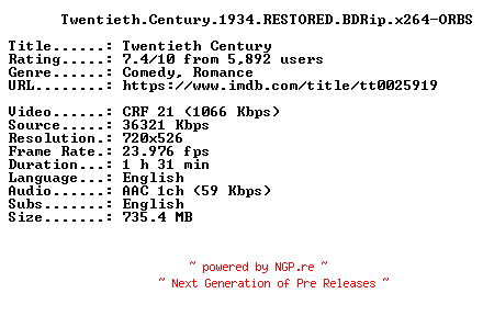 NFO for the release Twentieth.Century.1934.RESTORED.BDRip.x264-ORBS by ORBS