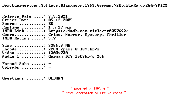 NFO for the release Der.Wuerger.von.Schloss.Blackmoor.1963.German.720p.BluRay.x264-SPiCY by SPiCY