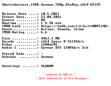 NFO for the release Ghettobusters.1988.German.720p.BluRay.x264-SPiCY by SPiCY