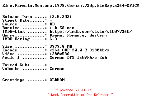 NFO for the release Eine.Farm.in.Montana.1978.German.720p.BluRay.x264-SPiCY by SPiCY
