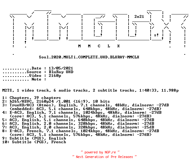 NFO for the release Soul.2020.MULTi.COMPLETE.UHD.BLURAY-MMCLX by MMCLX