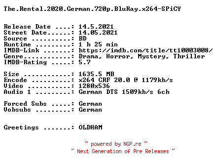 NFO for the release The.Rental.2020.German.720p.BluRay.x264-SPiCY by SPiCY