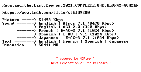 NFO for the release Raya.and.the.Last.Dragon.2021.COMPLETE.UHD.BLURAY-GUHZER by GUHZER