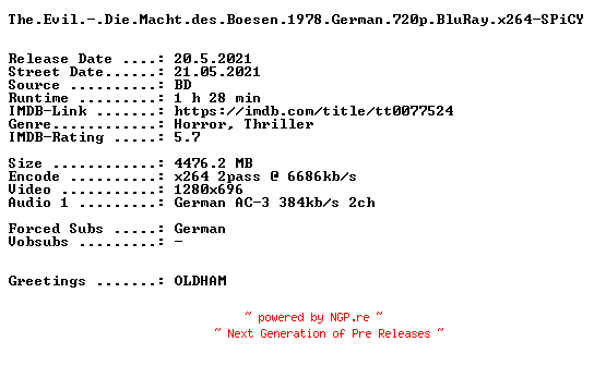 NFO for the release The.Evil.-.Die.Macht.des.Boesen.1978.German.720p.BluRay.x264-SPiCY by SPiCY