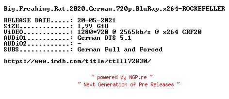 NFO for the release Big.Freaking.Rat.2020.German.720p.BluRay.x264-ROCKEFELLER by ROCKEFELLER