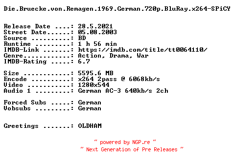 NFO for the release Die.Bruecke.von.Remagen.1969.German.720p.BluRay.x264-SPiCY by SPiCY