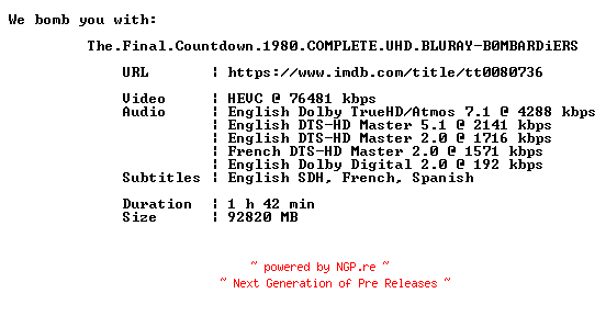 NFO for the release The.Final.Countdown.1980.COMPLETE.UHD.BLURAY-B0MBARDiERS by B0MBARDiERS