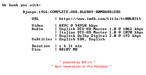 NFO for the release Django.1966.COMPLETE.UHD.BLURAY-B0MBARDiERS by B0MBARDiERS