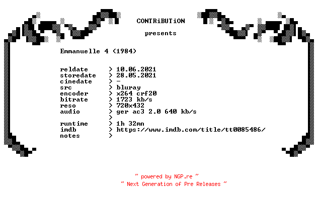 NFO for the release Emmanuelle.4.1984.German.BDRip.x264-CONTRiBUTiON by CONTRiBUTiON