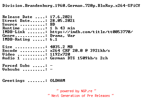 NFO for the release Division.Brandenburg.1960.German.720p.BluRay.x264-SPiCY by SPiCY