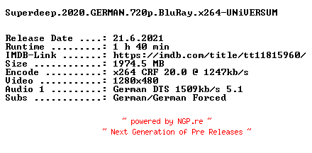 NFO for the release Superdeep.2020.GERMAN.720p.BluRay.x264-UNiVERSUM by UNiVERSUM