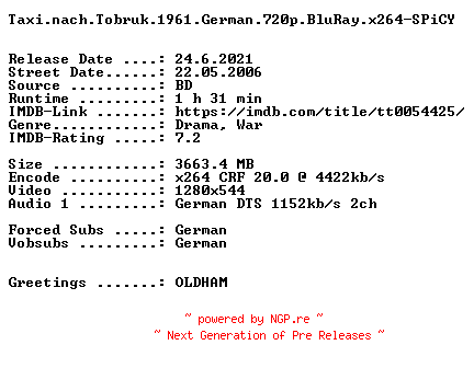 NFO for the release Taxi.nach.Tobruk.1961.German.720p.BluRay.x264-SPiCY by SPiCY