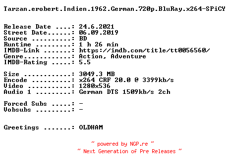 NFO for the release Tarzan.erobert.Indien.1962.German.720p.BluRay.x264-SPiCY by SPiCY
