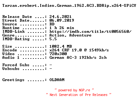 NFO for the release Tarzan.erobert.Indien.German.1962.AC3.BDRip.x264-SPiCY by SPiCY