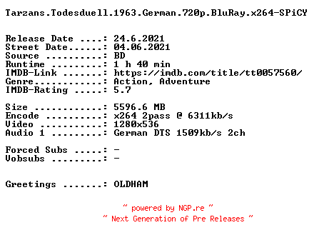NFO for the release Tarzans.Todesduell.1963.German.720p.BluRay.x264-SPiCY by SPiCY