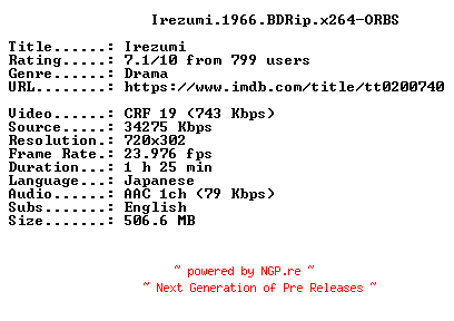 NFO for the release Irezumi.1966.BDRip.x264-ORBS by ORBS