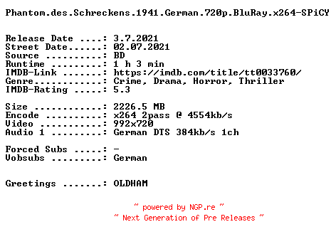 NFO for the release Phantom.des.Schreckens.1941.German.720p.BluRay.x264-SPiCY by SPiCY