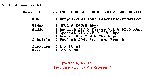 NFO for the release Howard.the.Duck.1986.COMPLETE.UHD.BLURAY-B0MBARDiERS by B0MBARDiERS
