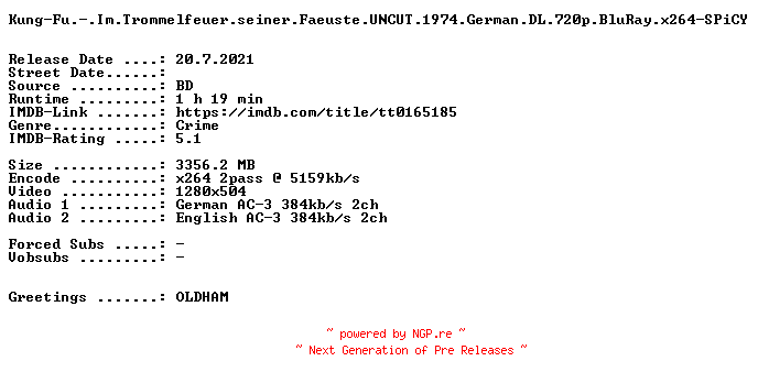 NFO for the release Kung-Fu.-.Im.Trommelfeuer.seiner.Faeuste.UNCUT.1974.German.DL.720p.BluRay.x264-SPiCY by SPiCY