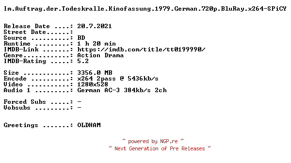 NFO for the release Im.Auftrag.der.Todeskralle.Kinofassung.1979.German.720p.BluRay.x264-SPiCY by SPiCY