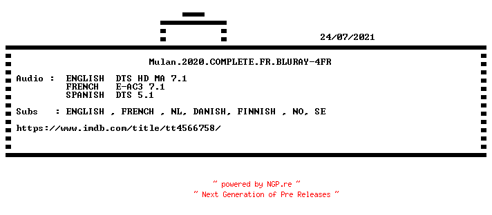 NFO for the release Mulan.2020.COMPLETE.FR.BLURAY-4FR by 4FR