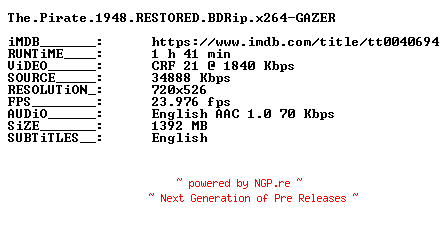 NFO for the release The.Pirate.1948.RESTORED.BDRip.x264-GAZER by GAZER
